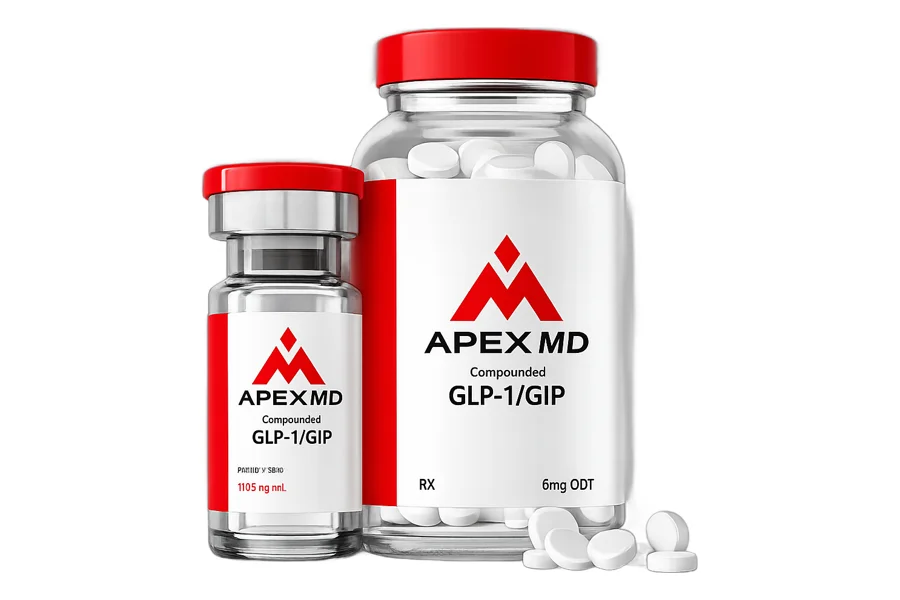 Apex MD compounded GLP-1/GIP injectable vial and oral tablet bottle