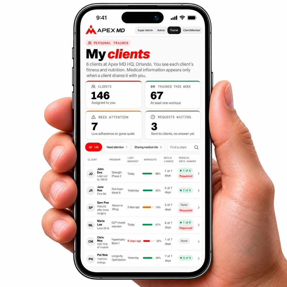 Apex MD portal on a phone showing a coach's client list
