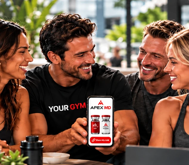 Coach sharing his Apex MD link with friends at a cafe