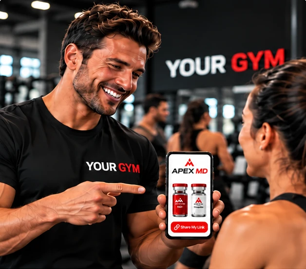 Gym Launch coach showing a member his Apex MD link on his phone
